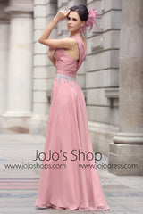 Pink V Neck Grecian Formal Prom Evening Dress