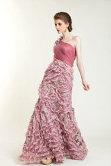 Pink One Shoulder Formal Prom Evening Dress with Ruffles
