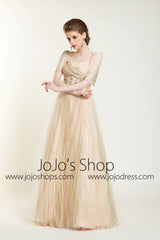 Retro Vintage Style Champagne Cap Sleeves Formal Pageant Evening Dress
