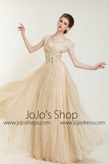 Retro Vintage Style Champagne Cap Sleeves Formal Pageant Evening Dress