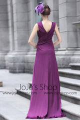 Purple V Neck Grecian Prom Evening Dress