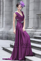 Purple V Neck Grecian Prom Evening Dress