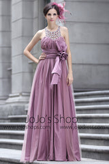 Purple Grecian Prom Formal Evening Dress with Sparkly Jewel Neckline