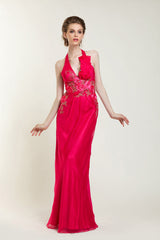 Fuschia Pink V Neck Halter Formal Prom Evening Dress