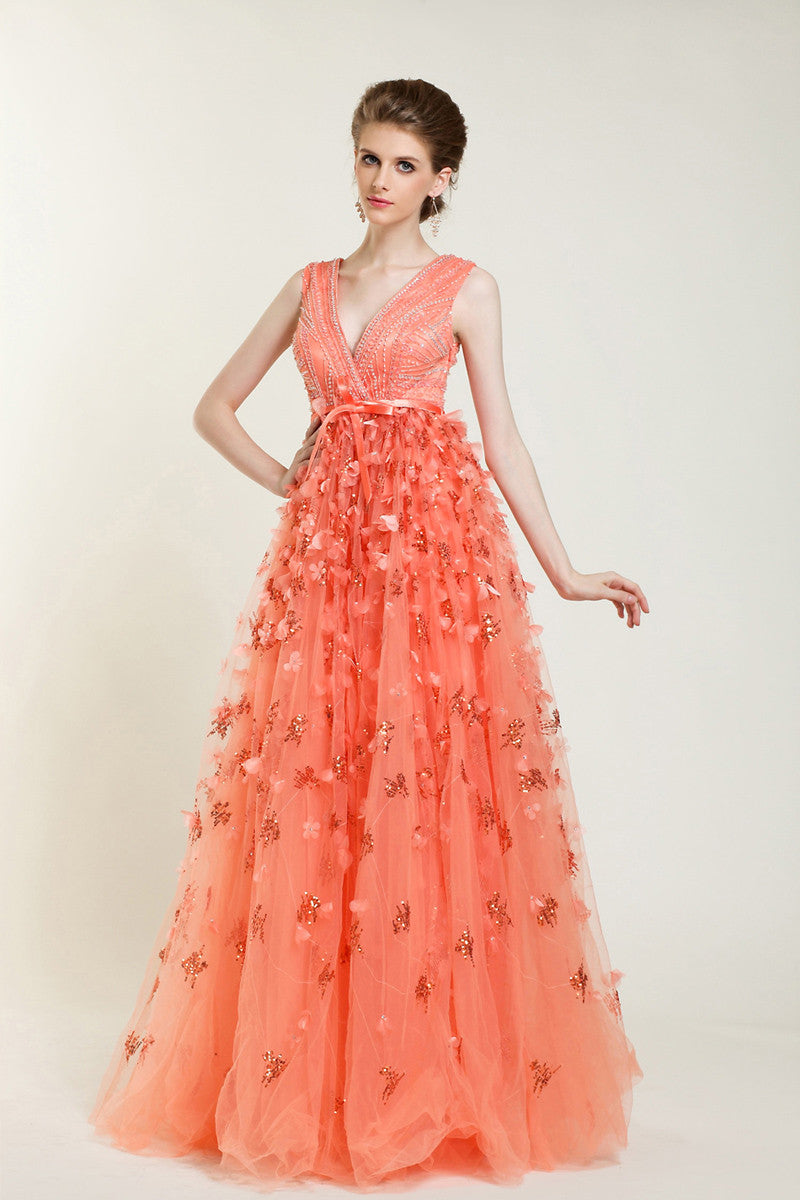 Orange V Neck Floral Fall Pageant Evening Prom Formal Dress X-Large / Orange Orange V Neck Floral Fall Pageant Evening Prom Formal Dress X-Large / Orange