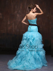 Strapless Aqua Blue Sexy Fit and Flare Prom Dress Formal Evening Gown with Organza Ruffles X022