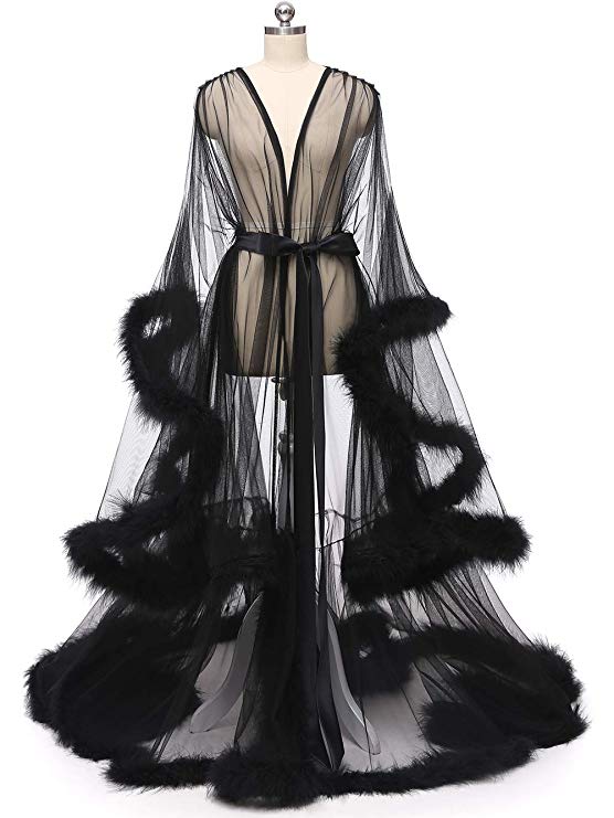 Black Long Marabou Fur Edge Robe RB1331