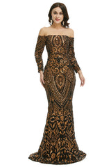 Black Gold Off the Shoulder Maxi Fitted Gala Formal Evening Dress EN5009