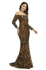 Black Gold Off the Shoulder Maxi Fitted Gala Formal Evening Dress EN5009