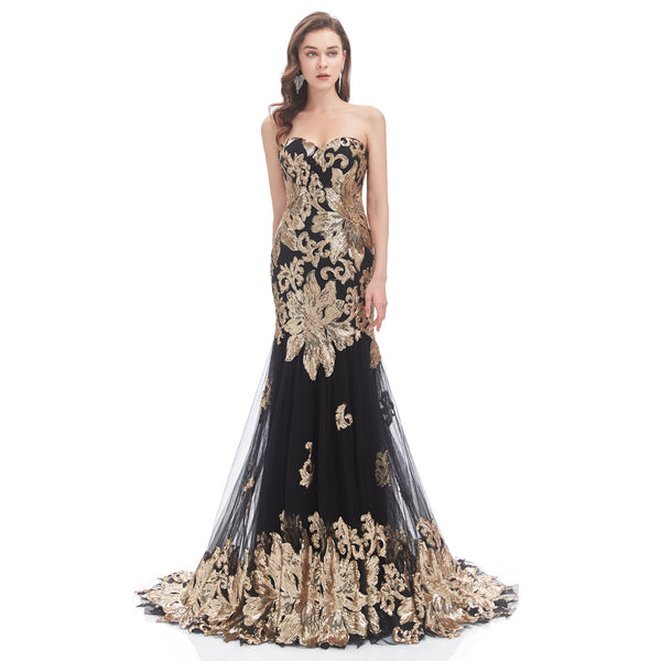 Black and gold Sequins Fitted Formal Evening Dress EN4604
