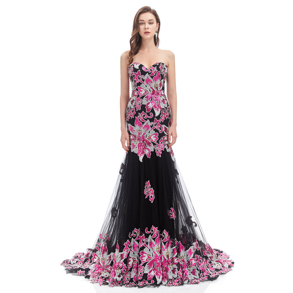 Black and Pink Sequins Fitted Formal Evening Dress EN4604