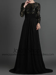 Black Modest Long Sleeves Formal Prom Evening Dress