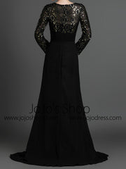 Black Modest Long Sleeves Formal Prom Evening Dress