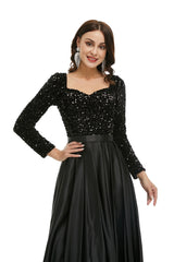 Modest Black Sparkly Maxi Formal Evening Dress with Sleeves EN5005