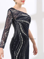 Sexy Navy Slim Long Evening Dress with One Shoulder