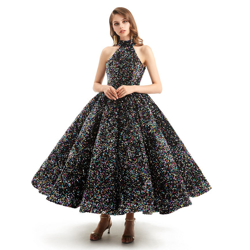 Retro Ankle Length Halter Dress with Full Skirt EN4811 Size 6 / Black Retro Ankle Length Halter Dress with Full Skirt EN4811 Size 6 / Black