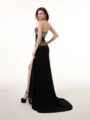 Strapless Black Long Prom Formal Dress with Side Slit