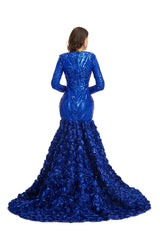 Royal Blue Sparkly Fitted Long Evening Dress with Rosette Skirt EN5006