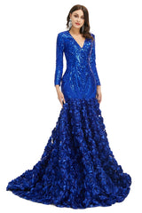 Royal Blue Sparkly Fitted Long Evening Dress with Rosette Skirt EN5006