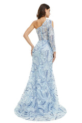 Blue One Shoulder Sequins Maxi Prom Formal Dress with Side Slit EN5014