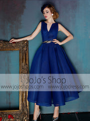 Dark Blue V Neck Ankle Length Evening Prom Formal Dress | X038