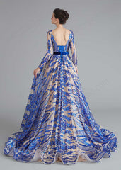 Blue Shimmery Sequin Ball Gown a-line Home Coming Prom Dress with Low Corset Back