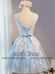 Short Blue Lace Prom Bridesmaid Formal Dress