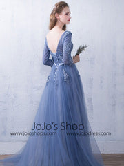 Blue V Neck Lace Tulle Evening Gown XLD1003