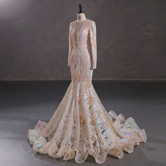 Hot Beige Long Fitted Sequins Lace Mermaid Evening Dress with Plunging Neck EN5405