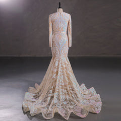 Hot Beige Long Fitted Sequins Lace Mermaid Evening Dress with Plunging Neck EN5405