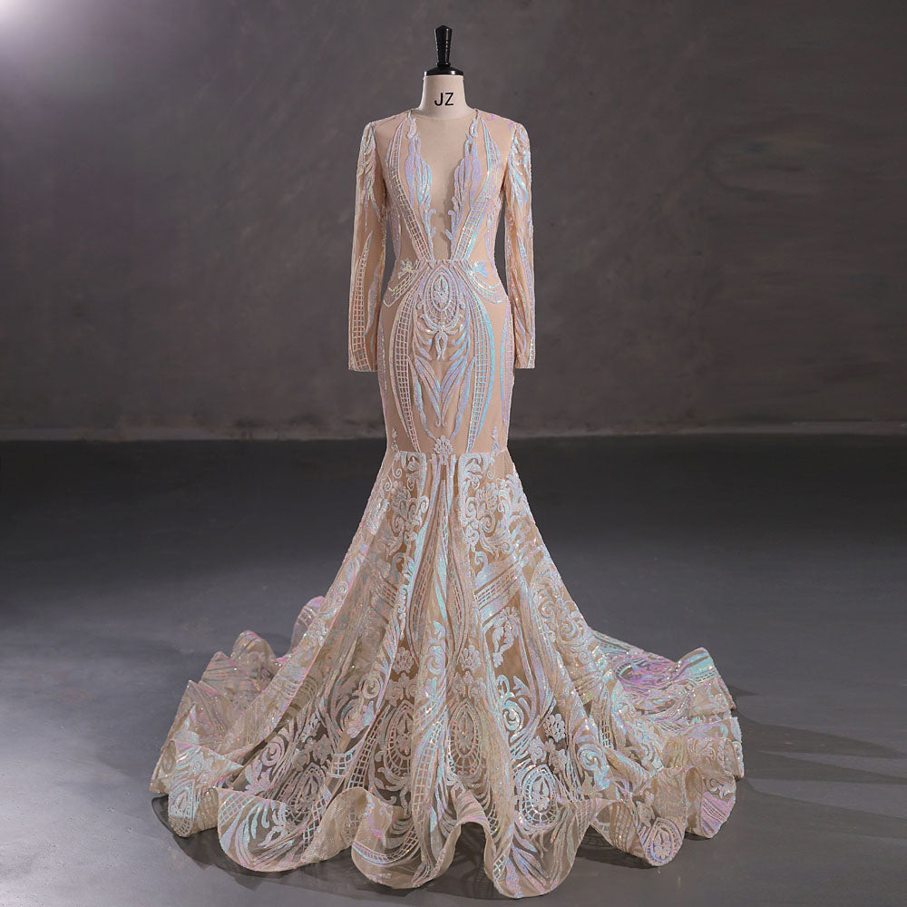 Hot Beige Long Fitted Sequins Lace Mermaid Evening Dress with Plunging Neck EN5405