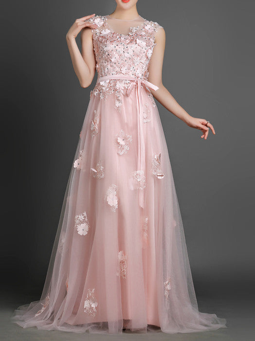 Blush Pink Floral Long Formal Prom Evening Dress