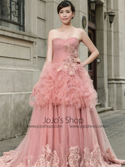 Dark Pink Strapless Tulle Ball Gown Pageant Evening Dress