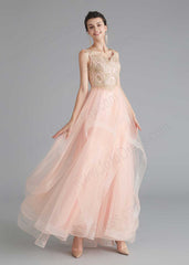 Blush Sleeveless Prom Dress with Gold Lace and Ruffle Skirt
