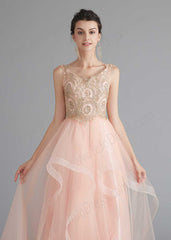 Blush Sleeveless Prom Dress with Gold Lace and Ruffle Skirt