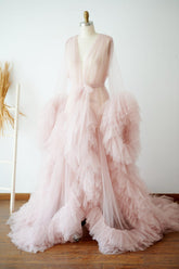 Blush Pink Long Ruffled Tulle Robe for Wedding and Maternity Photo Shoots RB1333