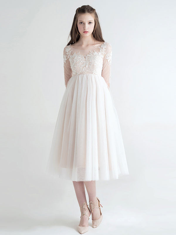 Blush Lace Tea Length Tulle Formal Dress