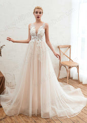 Bohemian A-line Tulle Lace Dress with Illusion Neckline
