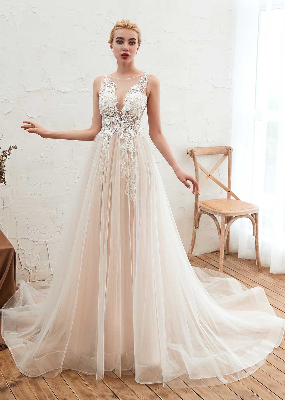 Bohemian A-Line Tulle Lace Dress with Illusion Neckline Size 14 / Champagne Bohemian A-Line Tulle Lace Dress with Illusion Neckline Size 14 / Champagne