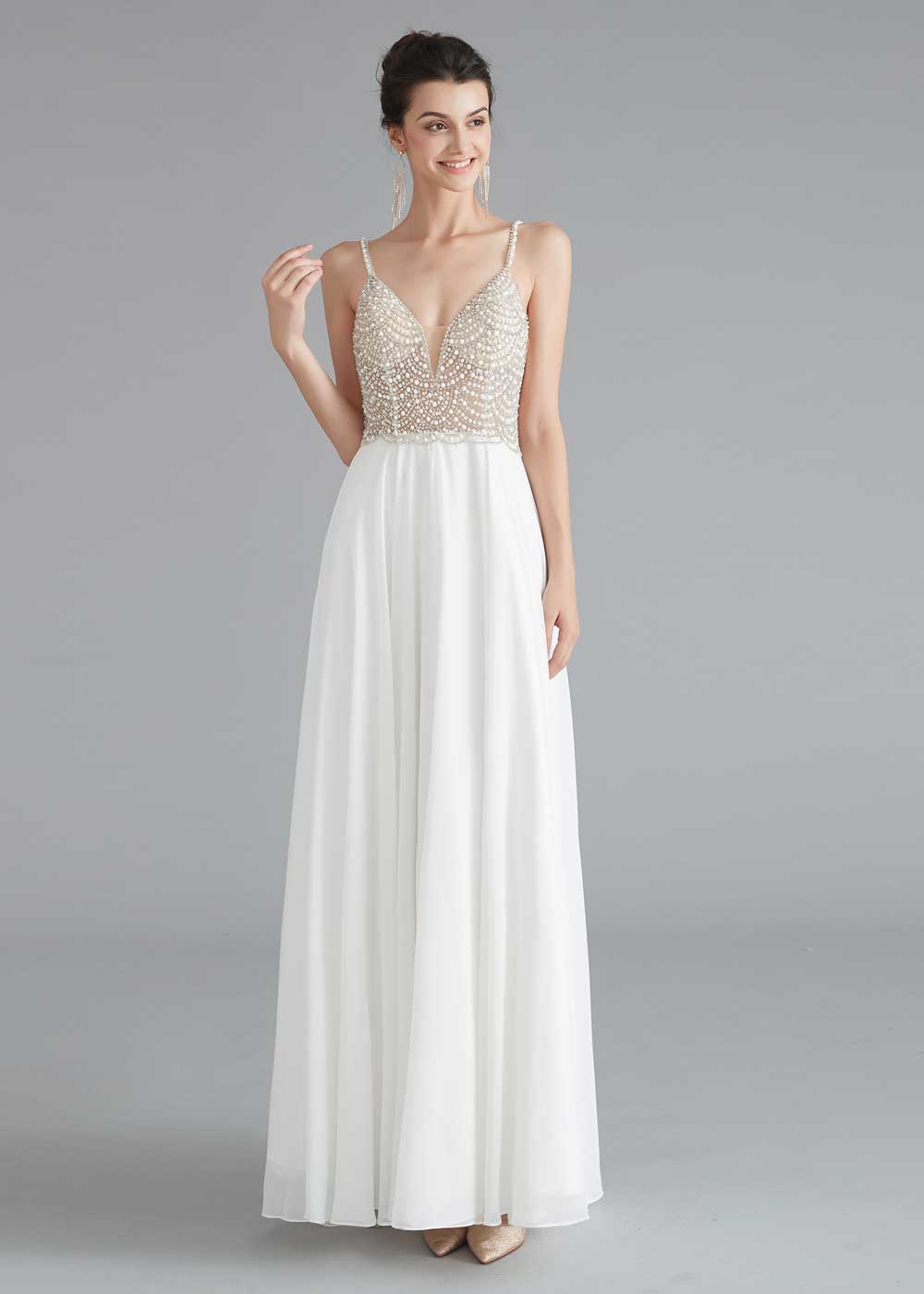 Long Chiffon Dress with Pearl top Size 14 / White Long Chiffon Dress with Pearl top Size 14 / White