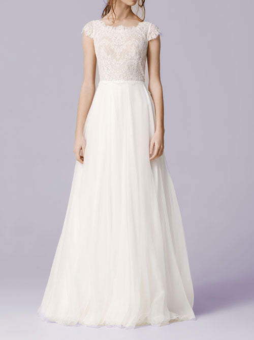 Elegant Lace Chiffon Wedding Dress with Cap Sleeves ON1001 Size 22W / Ivory Elegant Lace Chiffon Wedding Dress with Cap Sleeves ON1001 Size 22W / Ivory