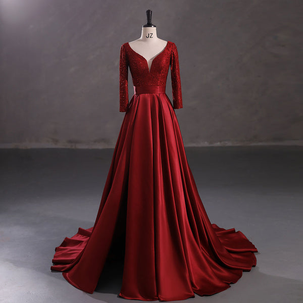 Burgundy Red Satin Lace Ball Gown Formal Prom Dress EN5407