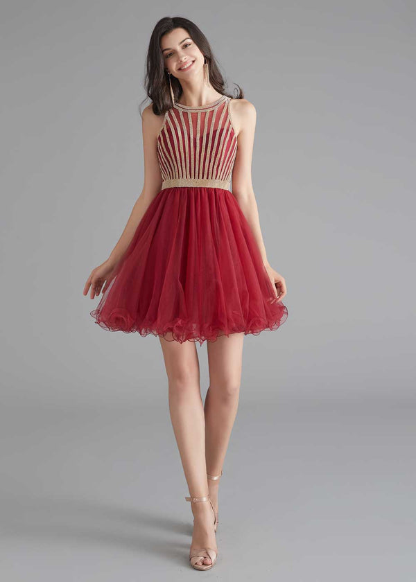 Chic Short Dark Red Tulle Evening Dress