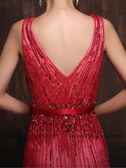 Burgundy Straps V-Neck Sheath Formal Evening Gown Prom Dress X012