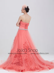 Carol Red Strapless Ball Gown Evening Dress with Crystal Belt