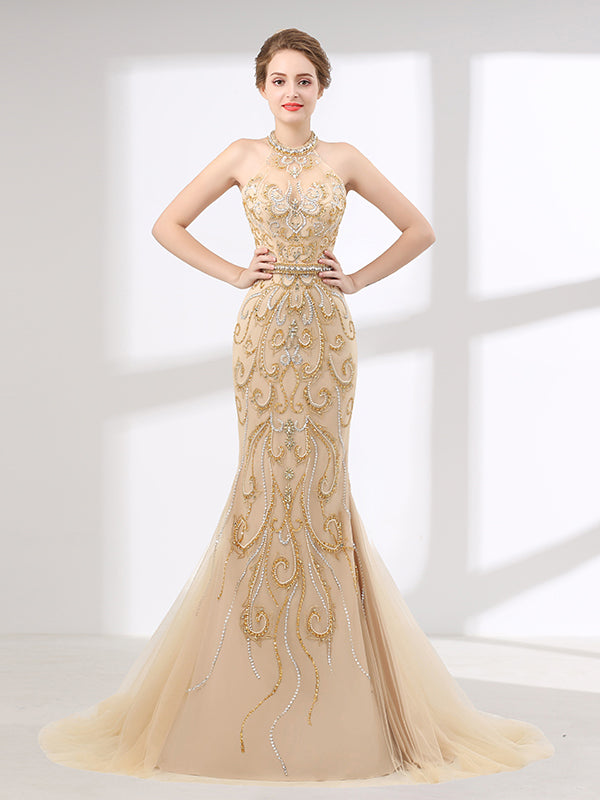 Beauty Pageant Most Beautiful Evening Gown Halter Style Light Gold