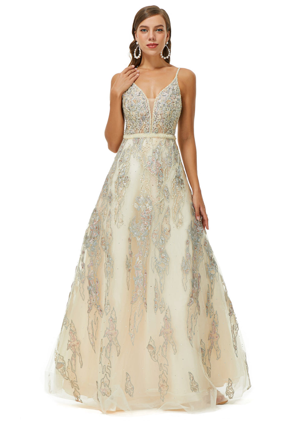 Champagne Maxi Ball Gown Lace Formal Gala Prom Dress EN4503