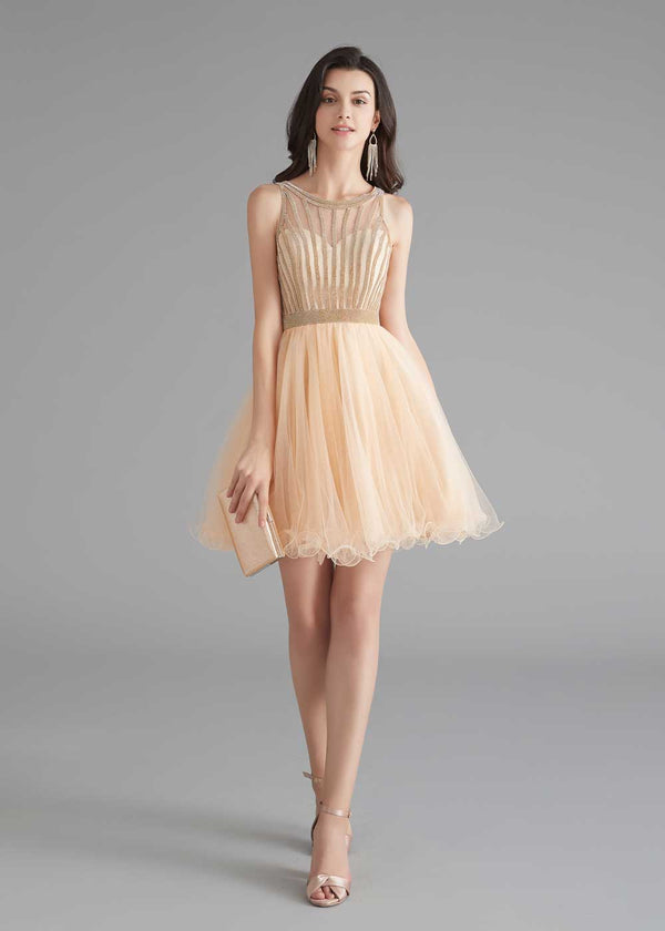 Chic Short Champagne Tulle Evening Dress