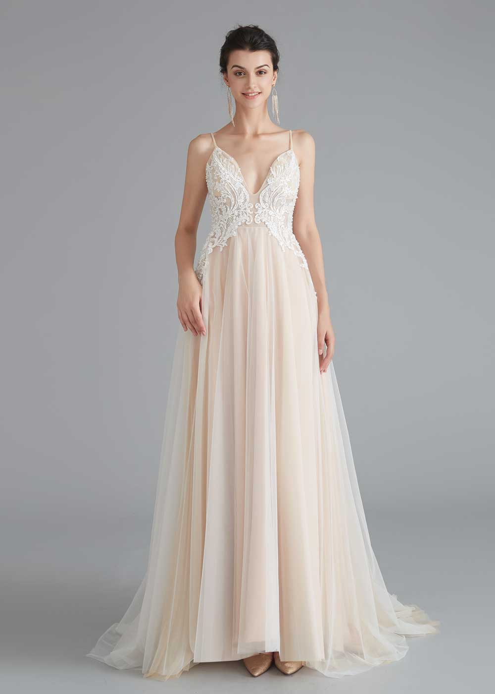 Boho Style Champagne A-line Dress with Lace Top Boho Style Champagne A-line Dress with Lace Top