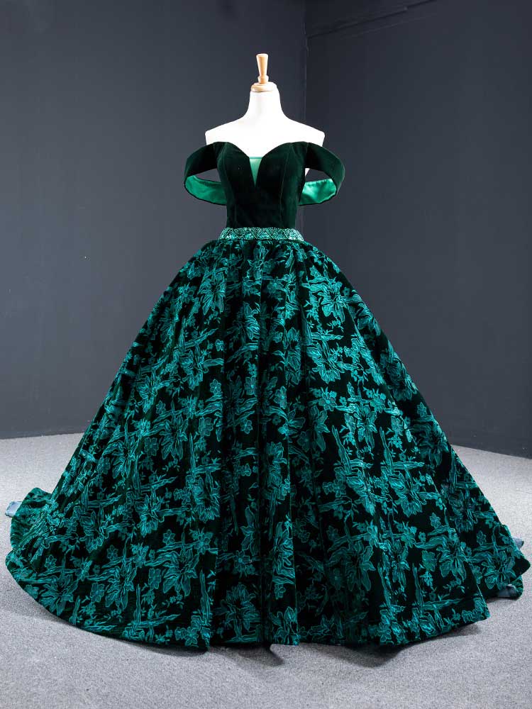 Dark Green Off Shoulder Formal Ball Gown Prom Dress RS210107 Size 6 / Green Dark Green Off Shoulder Formal Ball Gown Prom Dress RS210107 Size 6 / Green